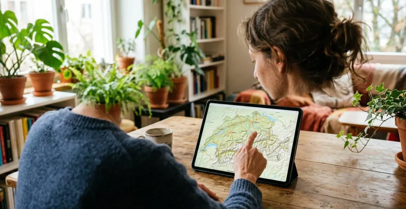Personne consultant une carte interactive des régions suisses sur tablette, recherche agence immobilière