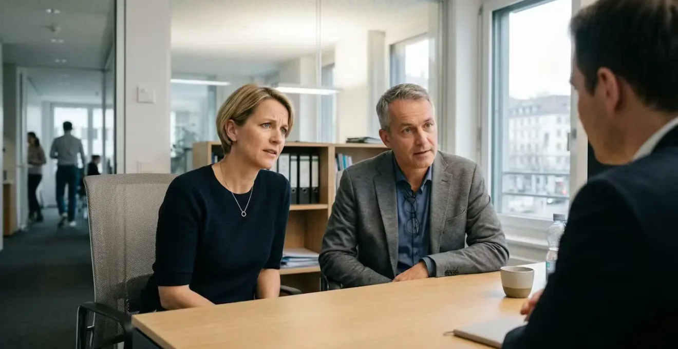 Couple suisse en discussion avec un professionnel dans un bureau, expressions de questionnement