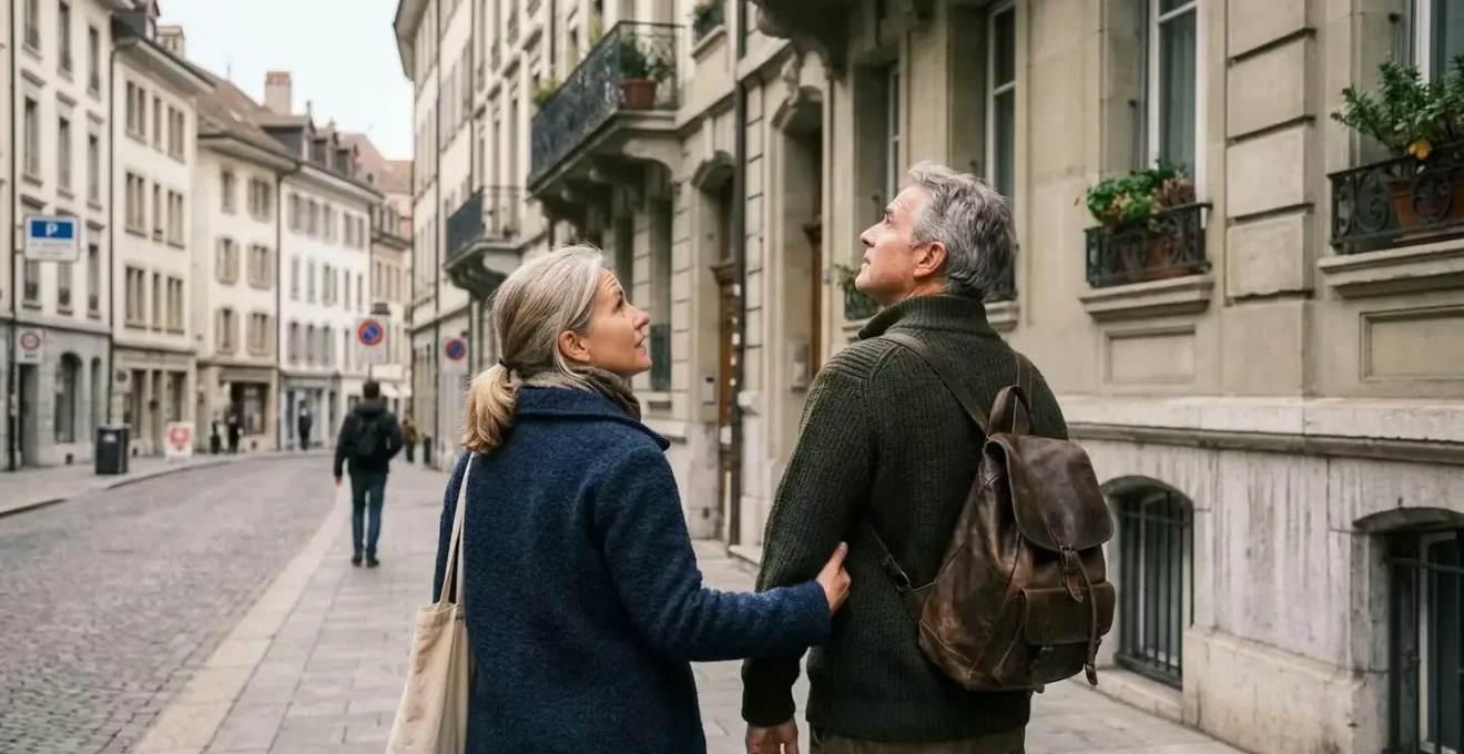 Couple suisse observant une façade d'immeuble résidentiel avec un regard hésitant