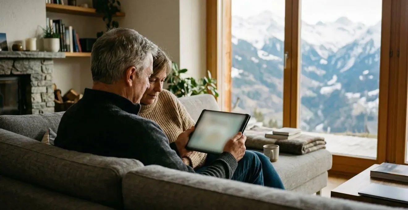 Un couple assis sur un canapé consulte ensemble une tablette dans un salon lumineux avec une vue floue sur les montagnes