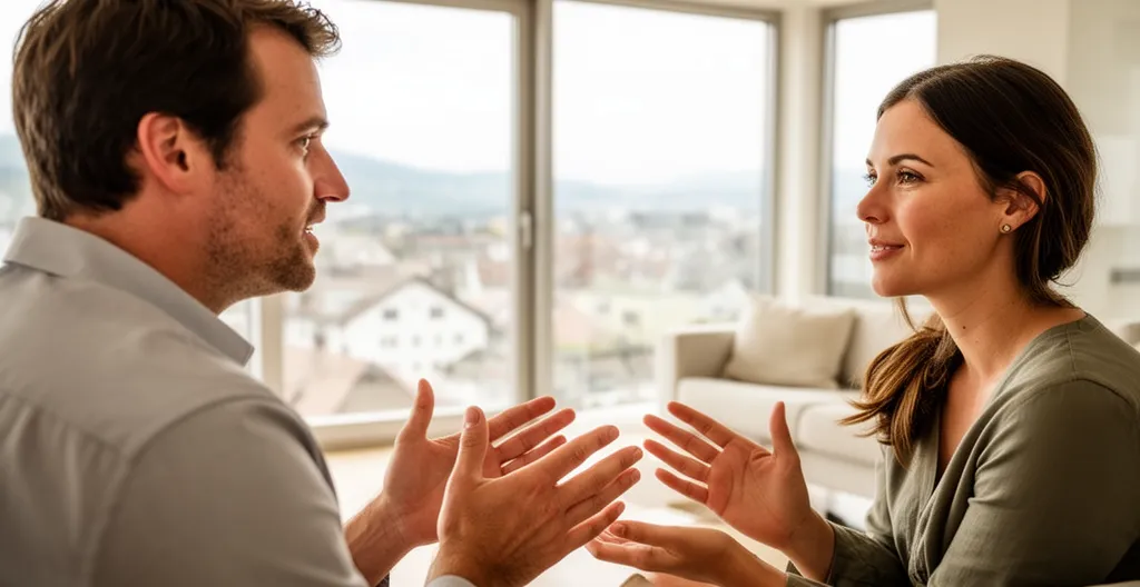 Couple visitant un appartement moderne accompagné d'un agent immobilier à Bulle