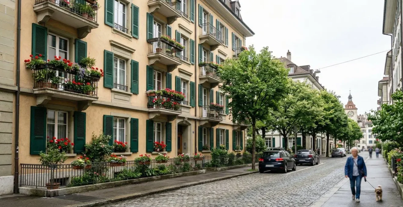 Façade d'immeuble résidentiel suisse typique avec balcons fleuris, rue calme de Lausanne