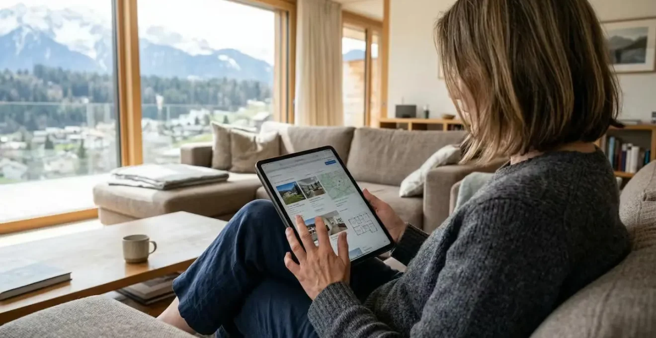 Femme suisse consultant des informations sur tablette dans un salon moderne