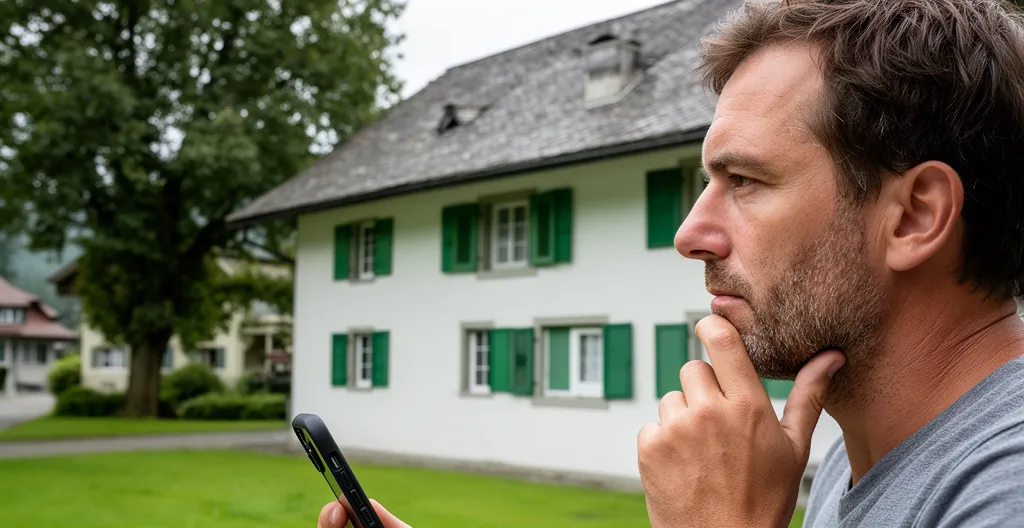 Homme quarantenaire observant une maison suisse traditionnelle à vendre