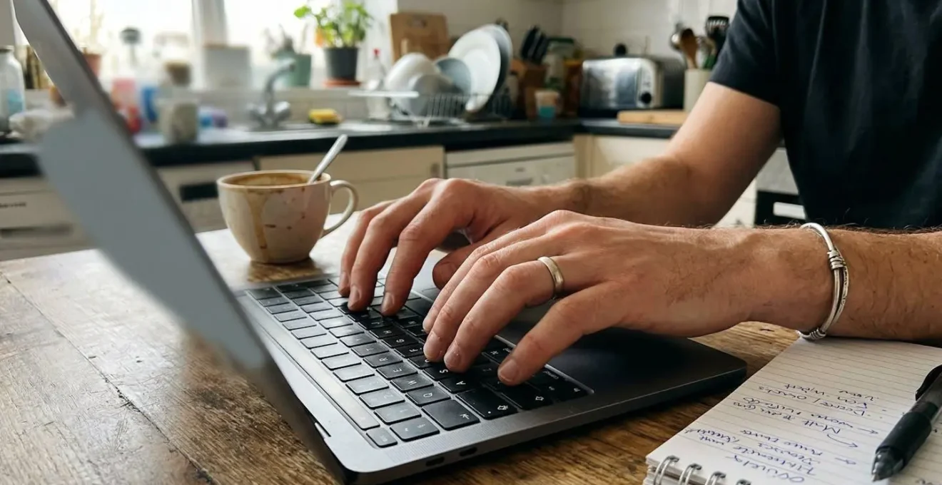 Des mains tapent sur un clavier de laptop posé sur une table de cuisine avec une tasse de café et des notes manuscrites