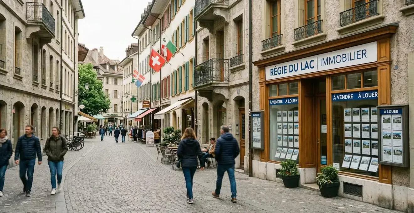 Vue d'une rue suisse avec une vitrine d'agence immobilière en arrière-plan