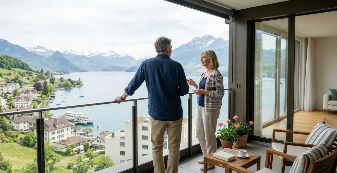 Couple observant le paysage de l'arc lémanique depuis un balcon, recherche immobilière en Suisse