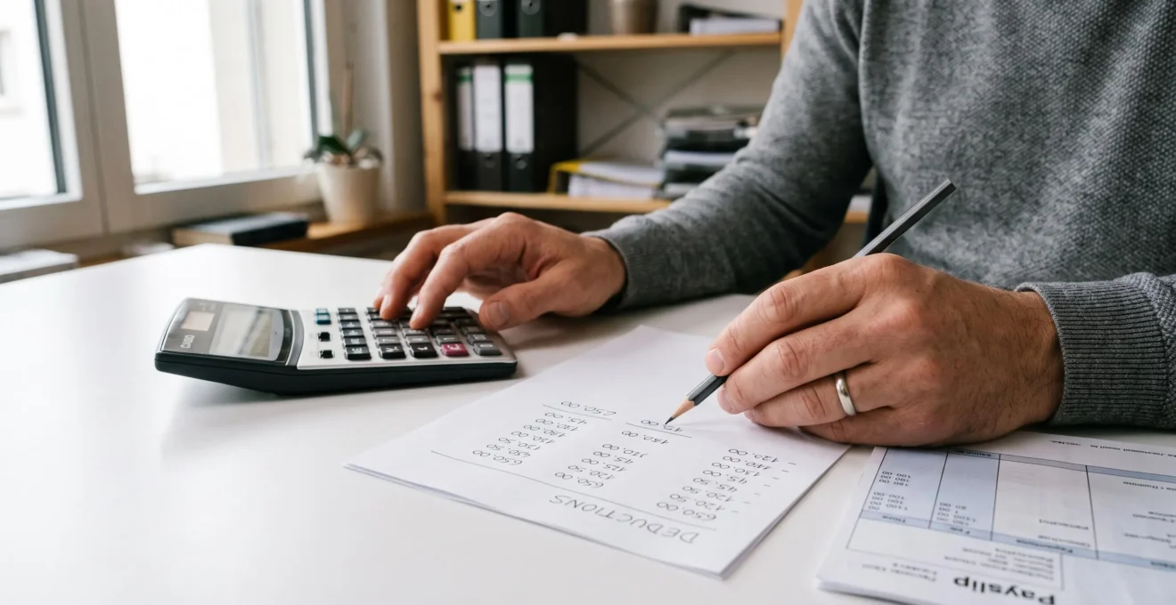 Mains d'un homme calculant des déductions salariales à la calculatrice sur une feuille de travail manuscrite.