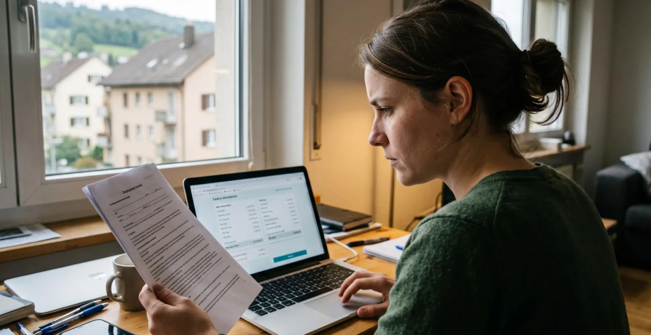 Une jeune femme compare un contrat de travail papier avec une simulation de salaire sur son ordinateur portable.