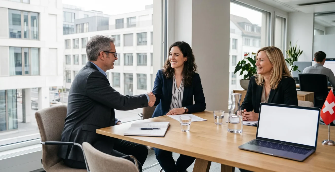 Un candidat serre la main de deux recruteurs lors d'un entretien dans un bureau suisse.
