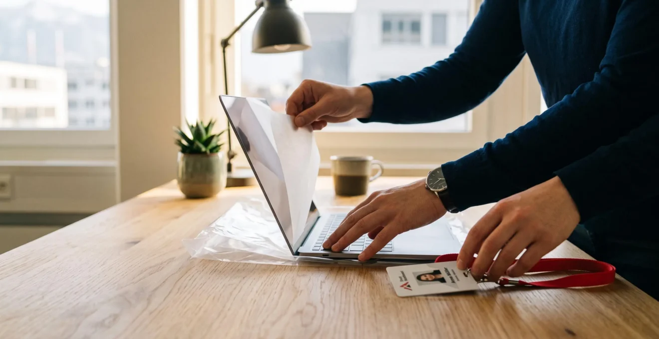 Un employé déballe son ordinateur portable et son badge le premier jour de travail.