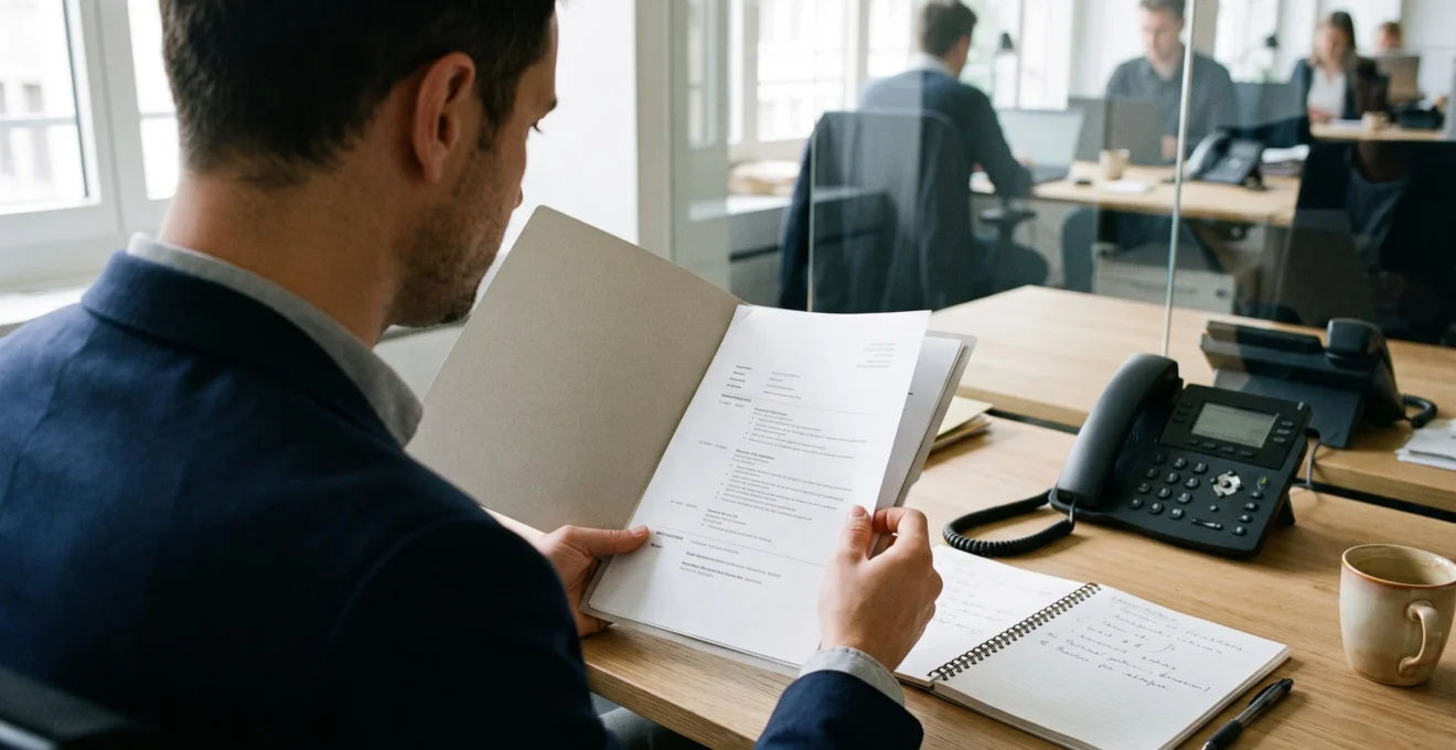Une recruteuse examine un dossier de candidature imprimé à son bureau.